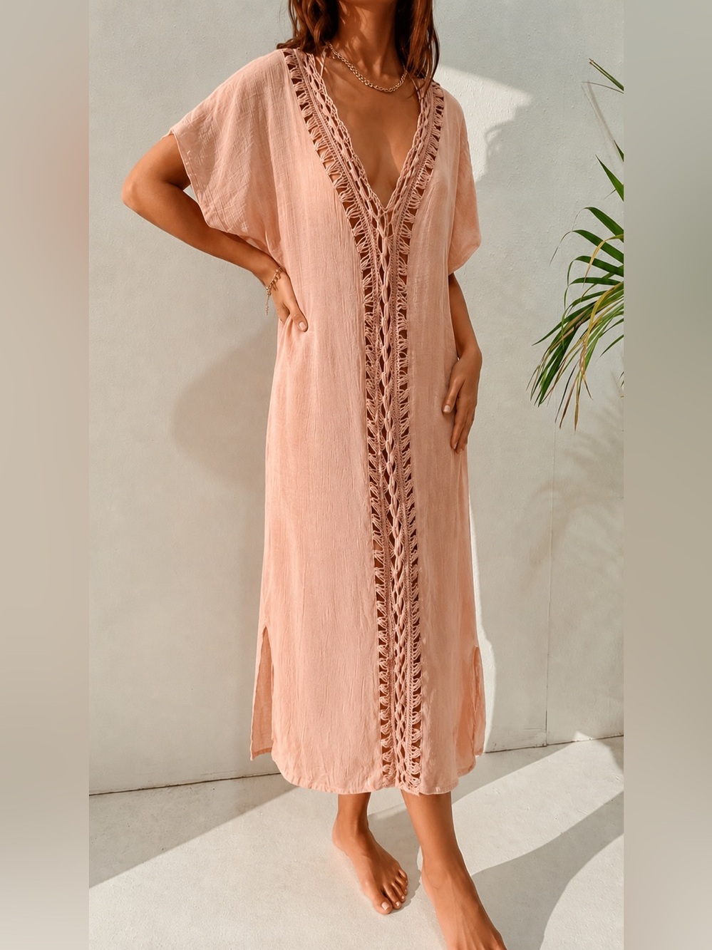 SHEIN Crochet-Trim Linen V-Neck Bikini Swimsuit Beach Coverup Shortsleeve Dress